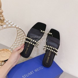 Stuart Weitzman Leather Velvet Pearl Slippers For Women Black