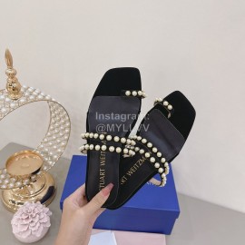 Stuart Weitzman Leather Velvet Pearl Slippers For Women Black