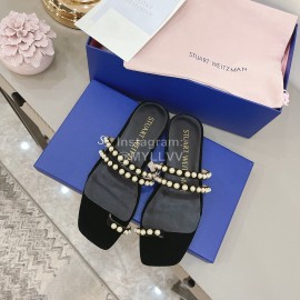 Stuart Weitzman Leather Velvet Pearl Slippers For Women Black