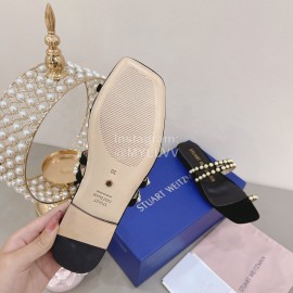 Stuart Weitzman Leather Velvet Pearl Slippers For Women Black