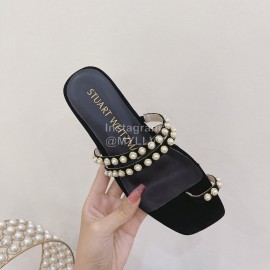 Stuart Weitzman Leather Velvet Pearl Slippers For Women Black