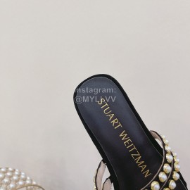 Stuart Weitzman Leather Velvet Pearl Slippers For Women Black