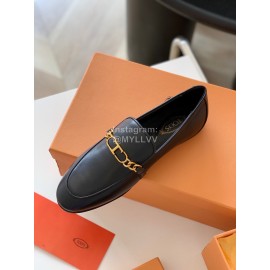 Tods Vintage Cowhide Thick Bottom Chain Loafers For Women Black