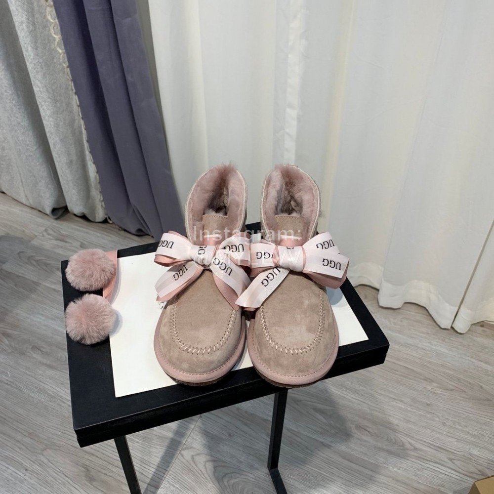 Ugg Winter Soft Wool Hairball Ribbon Short Boots For Women Pink