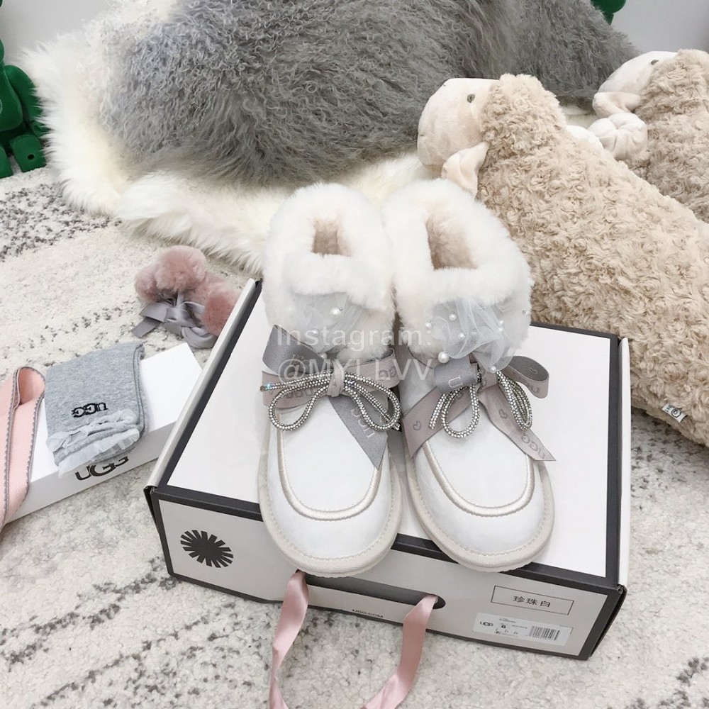 Ugg Winter Pearl Lace Bow Wool Short Boots For Women White