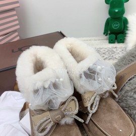 Ugg Winter Pearl Lace Bow Wool Short Boots For Women Brown