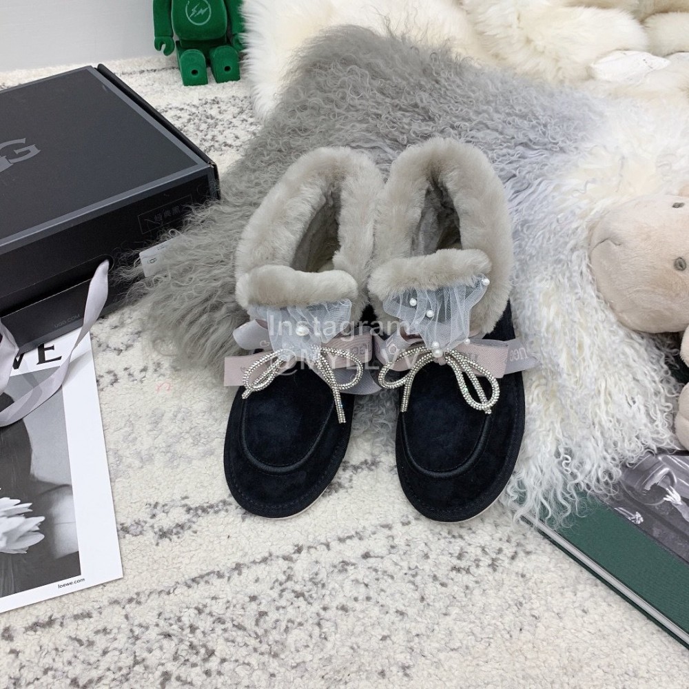 Ugg Winter Pearl Lace Bow Wool Short Boots For Women Black