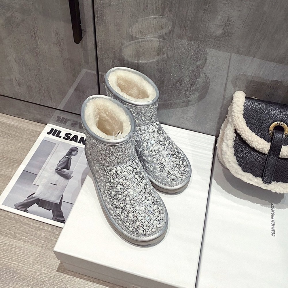 Ugg Winter Pearl Wool Warm Boots For Women Silver