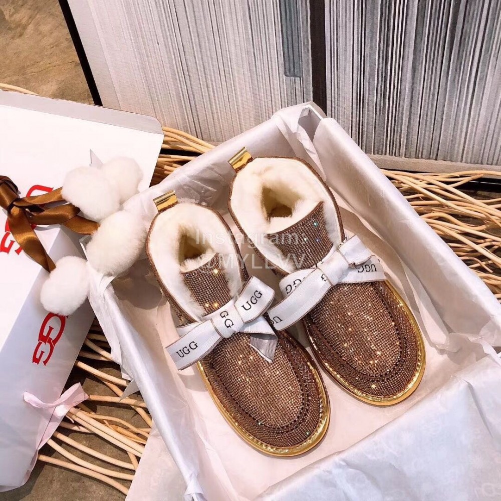 Ugg Winter Cute Bow Wool Boots For Women Gold