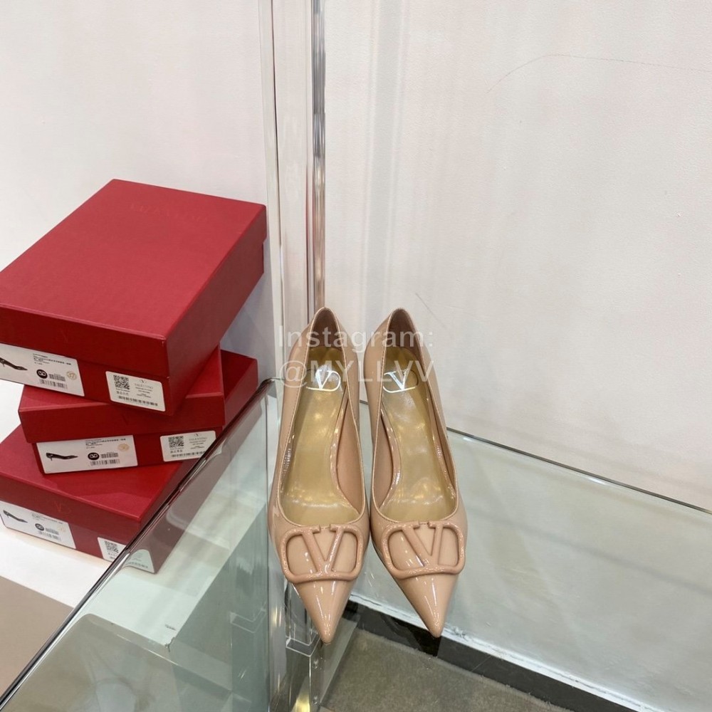 Valentino V Patent Leather Button Pointed High Heels Apricot