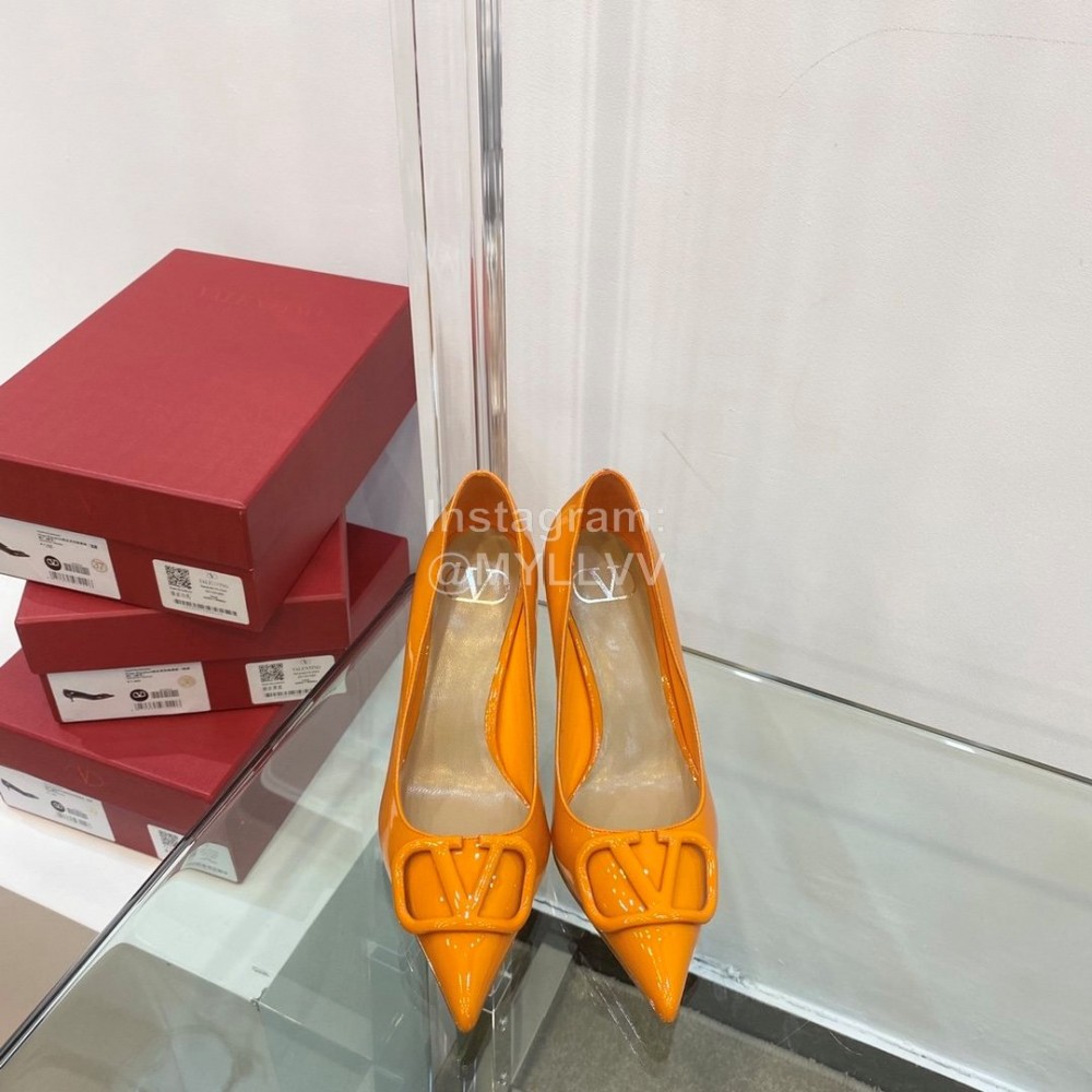 Valentino V Patent Leather Button Pointed High Heels Orange