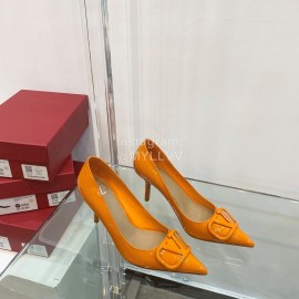 Valentino V Patent Leather Button Pointed High Heels Orange