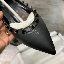 Valentino Riveted Pointed Flat Heel Leather Shoes Black