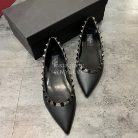 Valentino Riveted Pointed Flat Heel Leather Shoes Black