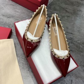 Valentino Riveted Pointed Flat Heel Leather Shoes Wine Red