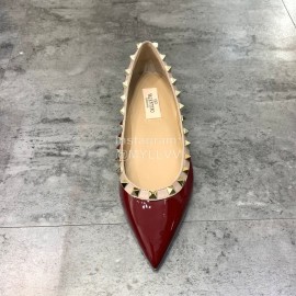 Valentino Riveted Pointed Flat Heel Leather Shoes Wine Red