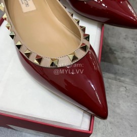 Valentino Riveted Pointed Flat Heel Leather Shoes Wine Red