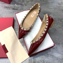 Valentino Riveted Pointed Flat Heel Leather Shoes Wine Red