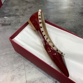 Valentino Riveted Pointed Flat Heel Leather Shoes Wine Red