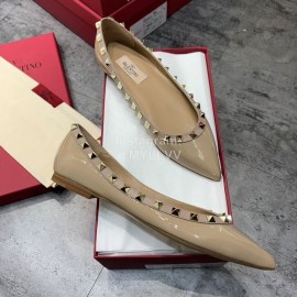 Valentino Riveted Pointed Flat Heel Leather Shoes Khaki