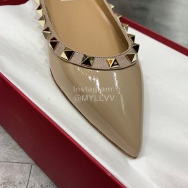 Valentino Riveted Pointed Flat Heel Leather Shoes Khaki