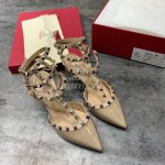 Valentino Fashion Rivet Pointed High Heels Sandals Khaki