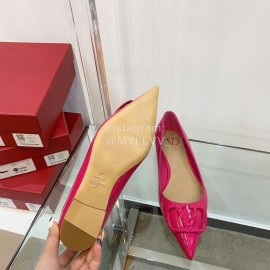 Valentino Elegant Patent Leather Pointed Flat Heel Shoes Rose Red