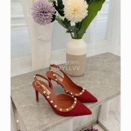 Valentino New Linen Leather Rivet High Heel Sandals Red