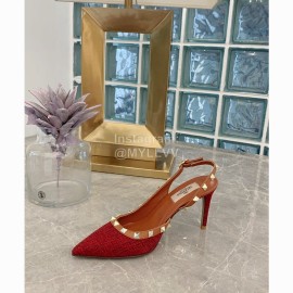 Valentino New Linen Leather Rivet High Heel Sandals Red