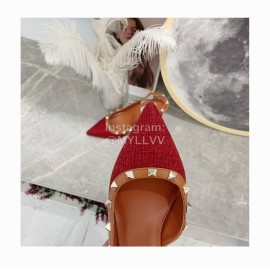 Valentino New Linen Leather Rivet High Heel Sandals Red