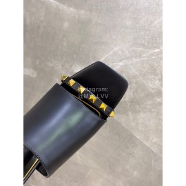 Valentino Summer Black Leather Elegant High Heel Slippers