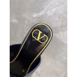 Valentino Summer Black Leather Elegant High Heel Slippers