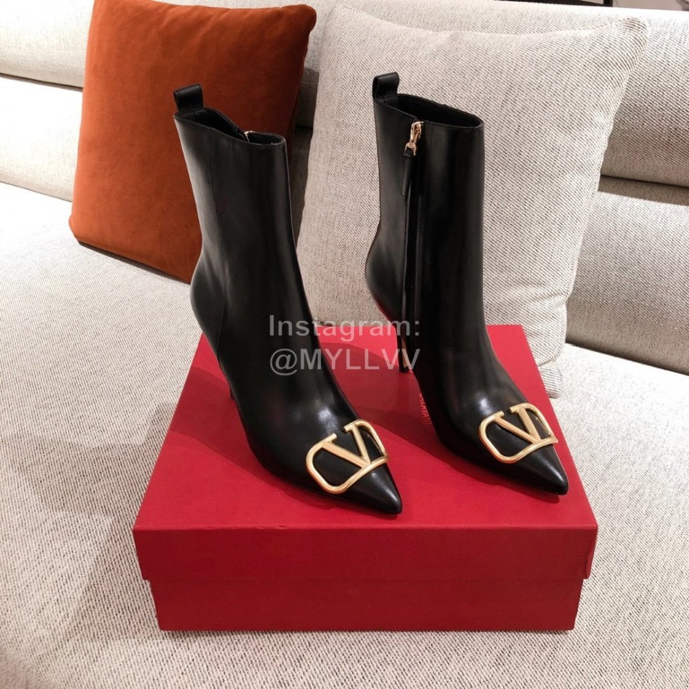 Valentino Autumn Winter New Metal V-Button High Heel Boots For Women Black