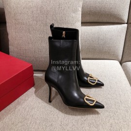 Valentino Autumn Winter New Metal V-Button High Heel Boots For Women Black