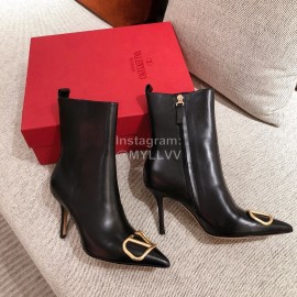 Valentino Autumn Winter New Metal V-Button High Heel Boots For Women Black
