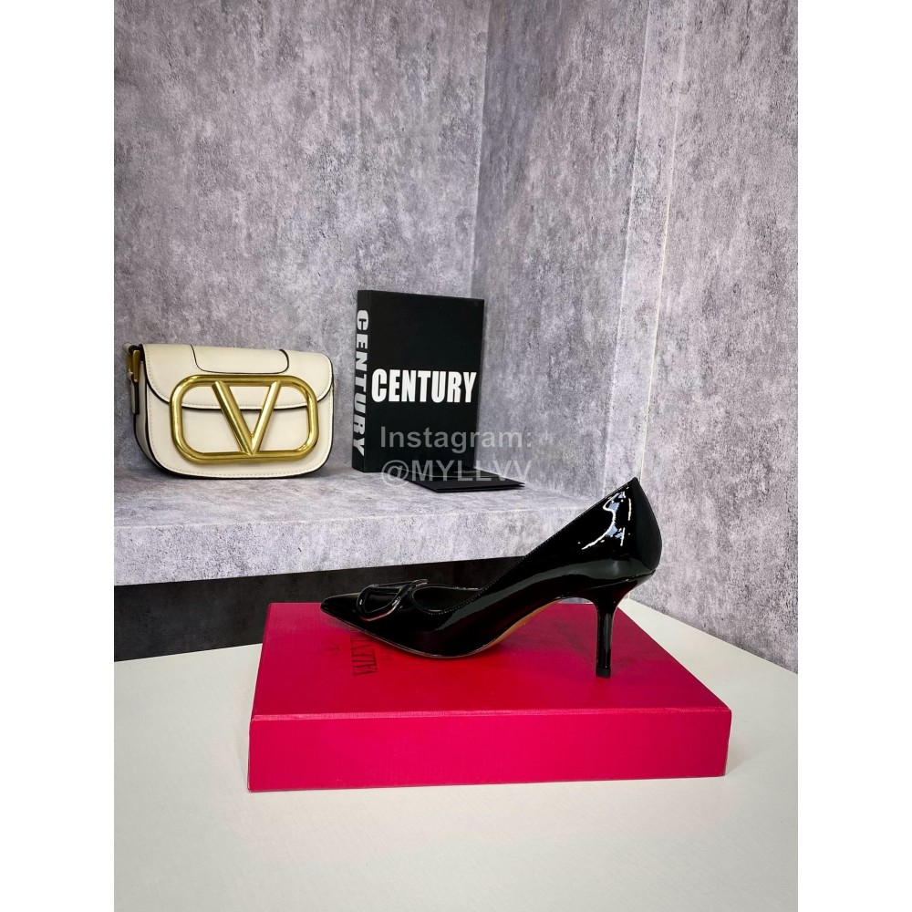 Valentino Spring V-Button Black Leather High Heels For Women