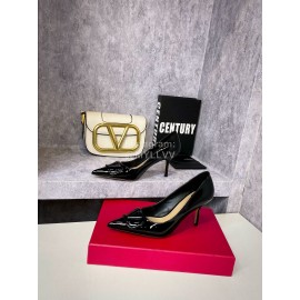 Valentino Spring V-Button Black Leather High Heels For Women