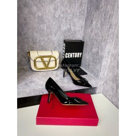 Valentino Spring V-Button Black Leather High Heels For Women