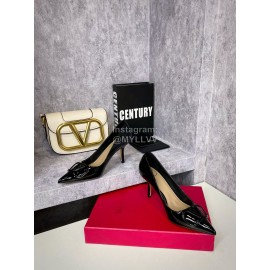 Valentino Spring V-Button Black Leather High Heels For Women