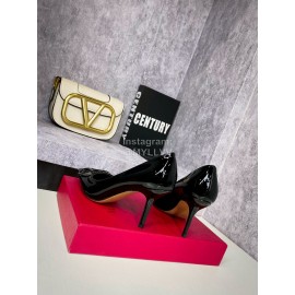 Valentino Spring V-Button Black Leather High Heels For Women