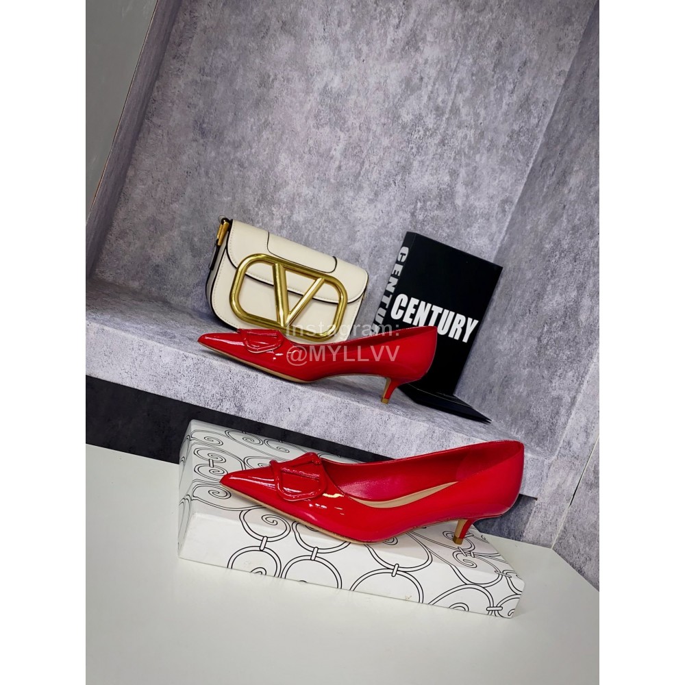 Valentino Spring V-Button Leather High Heels For Women Red