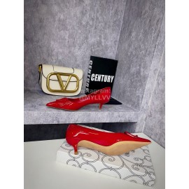 Valentino Spring V-Button Leather High Heels For Women Red