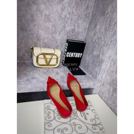Valentino Spring V-Button Leather Flat Heels For Women Red