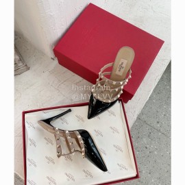 Valentino New Rivet Cow Patent Leather High Heel Sandals Black