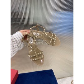 Valentino Fashion Rivet Flat Heel Sandals For Women Khaki