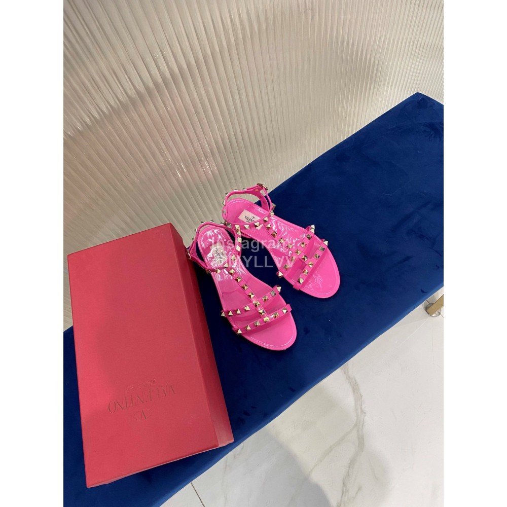 Valentino Fashion Rivet Flat Heel Sandals For Women Rose Red