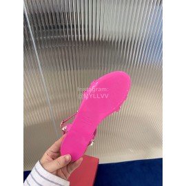 Valentino Fashion Rivet Flat Heel Sandals For Women Rose Red