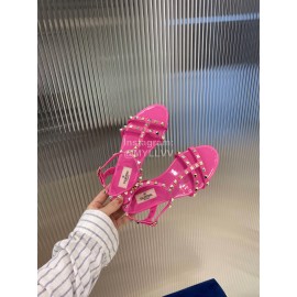 Valentino Fashion Rivet Flat Heel Sandals For Women Rose Red