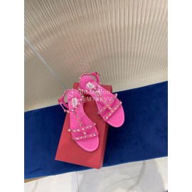 Valentino Fashion Rivet Flat Heel Sandals For Women Rose Red
