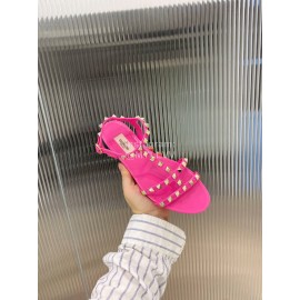 Valentino Fashion Rivet Flat Heel Sandals For Women Rose Red